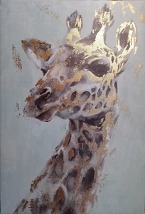 Wall Art Unframed CANVAS, GIRAFFE w 'GOLD' Highlights against BLUE Background - Picture 1 of 2