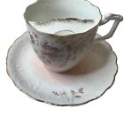 Vintage Porcelain Floral Mustache Cup and Saucer Pink Flowers and Gilt