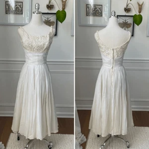 Vintage 50s Emma Domb San Francisco Midi Tea Length Formal Dress Gown Ivory Sequ - Picture 1 of 13