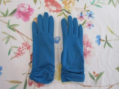 Guantes vintage de nailon azul marino profundo o verde azulado de 10" con fruncido en la muñeca--talla 6 Foto 1 de 3