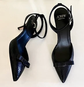NIB J Crew size 8 black Colette bow pumps in snake-embossed leather CE813 - Picture 1 of 7