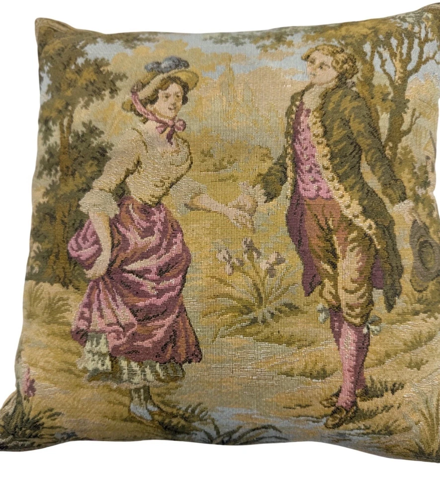 Vintage French Tapestry Throw Pillow 11" x 11" Romanticism Jacquard Corduroy - Image 1 of 4