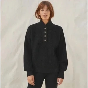 LUNYA | Schwarz Baumwolle Seide Henley Pullover Grobstrick Waffelstrick | Medium - Bild 1 von 8