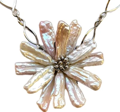 Tiffany & Co Iridesse Biwa Pearl Flower Pendant 925 Sterling Silver Necklace  - Image 1 of 4