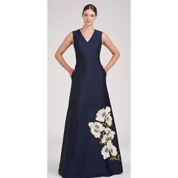 Vestido Kay Unger Azul Marino Oscuro Aurelia Floral Sin Mangas Tafetán Talla 8 $468 Foto 1 de 4