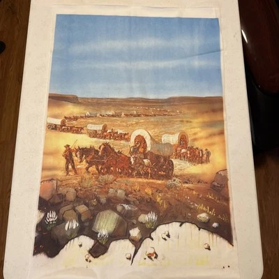Vintage Polyester Knit Fabric Panel Wagon Train Painting Print 18” X 26” Craft - Image 1 of 4