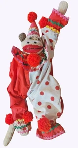 Vintage Handcrafted Sock Monkey Clown Doll 24" With Red Polka Dot Costume - Picture 1 of 6