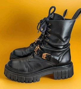 Versace Medusa Logo Combat Zip Lace Boots Black Leather Gold Buckle Biker 39 - Picture 1 of 19