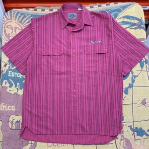 VINTAGE Bugle Boy Shirt Mens Extra Large Pink Striped Short Sleeve Button Up 90s - Picture 1 of 17