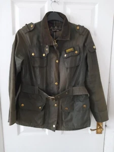 Barbour SMU International Waxed 🫒 Olive Green Women Belted Biker Jacket Size 14 - Picture 1 of 21