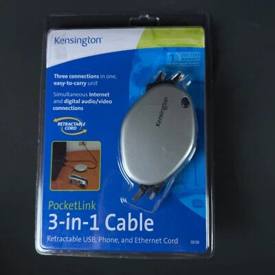 Kensington PocketLink 3-in-1 Ethernet/Phone/USB Cable for Mac or PC (33129) NEW - Image 1 of 4