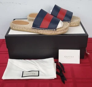 Men's Gucci Espadrille Slide Sandals with Web (Navy/Red) - 624985 04JH0 Size: 8 - Picture 1 of 15