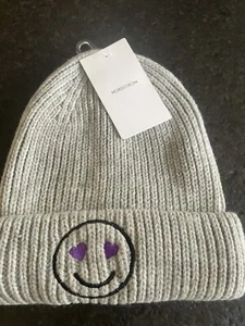 Nordstrom Knit Beanie Hat Smiley Face Gray Purple Heart Eyes NWT - Picture 1 of 4