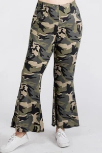 Womens PLUS SIZE CAMOUFLAGE CAMO HIGH WAIST BOOT CUT PALAZZO PANTS 1X 2X 3X USA - Picture 1 of 5
