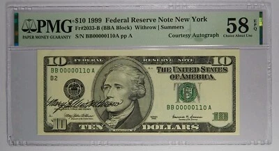 True Binary 00000110 Courtesy Autographed 1999 $10 PMG 58 EPQ - Image 1 of 2