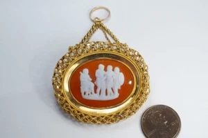 INUSUAL BROCHE/COLGANTE CAMAFEO VIDRIO CANNETILLA ORO 15K GEORGIANO ANTIGUO c1820 - Imagen 1 de 7