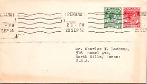 MALAYA 1952 POSTAL AIRMAIL COVER ADDR USA CANC PENANG - Picture 1 of 2