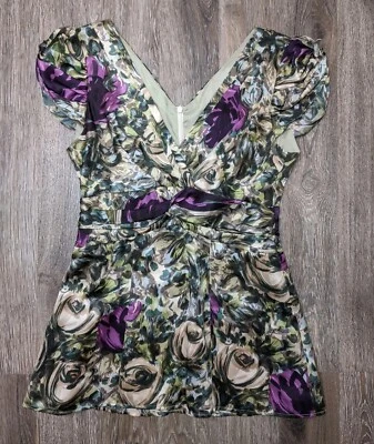 Nanette Lepore SZ 2 Multicolored Purple/Green Cap Sleeve 100% Silk Women's Top  - Image 1 of 4