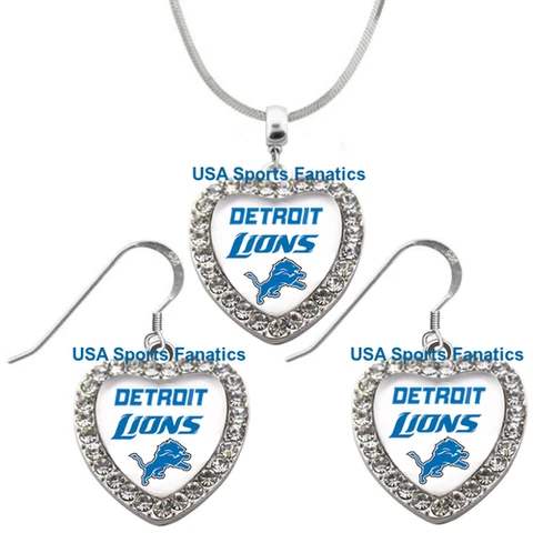 Detroit Lions 925 Necklace / Earrings or Set Team Heart With Rhinestones Cover