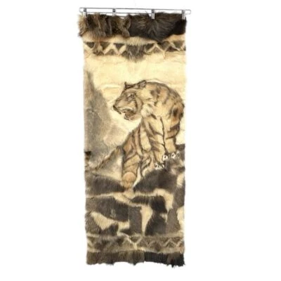Vintage Asian Fur Rug With Tiger Image On Rug Wall Hanging Horsehair Whiskers - Image 1 of 4