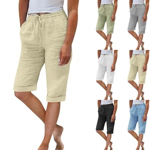 Womens Summer Elastic Waist Pants Solid Color Cotton Linen Wide Leg Crop Pants R - Picture 1 of 26