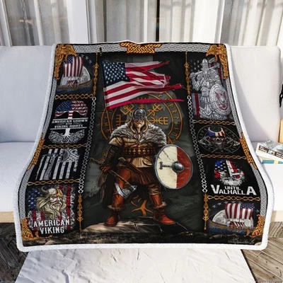 American Viking Warrior Until Valhalla Fleece Blanket, Nordic Norse Skull Throw - Image 1 of 4
