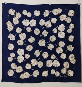 Nina Ricci Vintage Silk Scarf Jacquard white Floral Roses In Blueblack Base - Picture 1 of 10