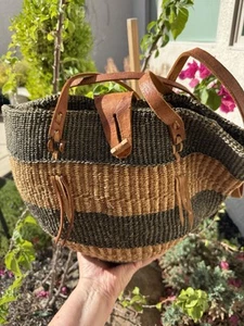 Vtg Woven Jute Leather Strap Straw Sisal Market Round Tote Shoulder Bag Purse - Picture 1 of 4