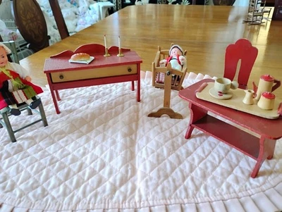 VTG H P WOODEN DOLL HOUSE FURNITURE-TYROL DOLLS-DESK CHAIRS-TRESSEL TABLE-CRADLE - Image 1 of 4