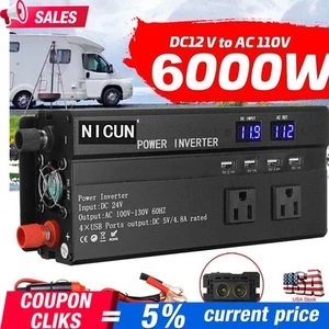 Inverter di Potenza Auto 6000W DC 12V a 110V AC Onda Sinusoidale Convertitore Solare LCD M - Foto 1 di 15