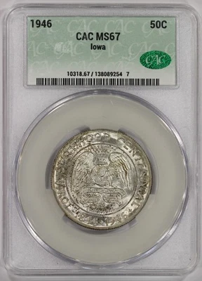 1946 50c Silver Iowa Centennial Commemorative Half Dollar CACG MS67 - Image 1 of 4