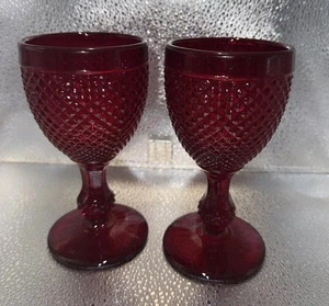 Ivima DIAMOND POINT Ruby Red Water / Wine Glasses Goblets Portugal Set of 2 - Picture 1 of 9