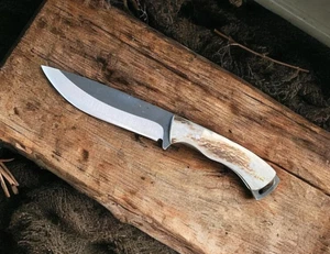 Cuchillo de caza de supervivencia hecho a mano con mango de cuerno de ciervo de acero al carbono, - Imagen 1 de 4