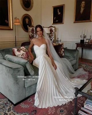 Ivory Simple Mermaid Wedding Dresses Sweetheart Satin Long Bridal Gowns Boho - Image 1 of 4