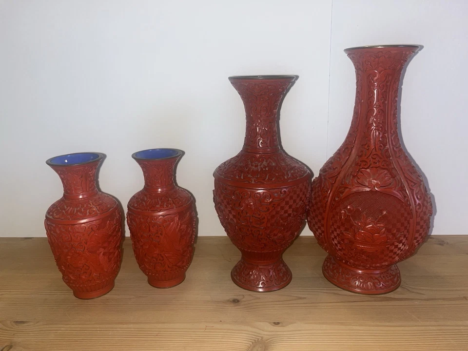 4 rote asiatische Deko-Vasen – Cinnabar-Optik – verschiedene Größen – Set - Bild 1 von 4