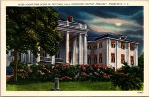 PRITCHELL HALL Ridgecrest Baptist Assembly NIGHT VIEW North Carolina NC Postcard - Picture 1 of 2