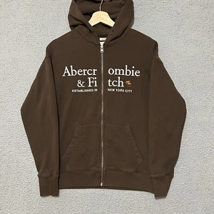 Abercrombie & Fitch Felpa con Cappuccio Uomo XS Relaxed Fit (Fit S) Marrone Full Zip Pile Y2K - Foto 1 di 8