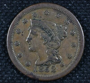 Moneda de centavo grande cabello trenzado cabeza libertad 1852 muy fina  - Imagen 1 de 2