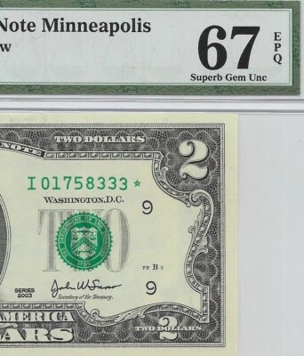 2003 $2 MINNEAPOLIS * STAR * ⭐️ FRN. PMG Superb Gem Uncirculated 67 EPQ Banknote - Image 1 of 3