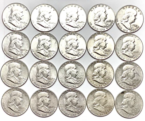 Roll 1949 90% Silver Franklin Half Dollars Cleaned XF/AU Details 20 Coins (001) Cover