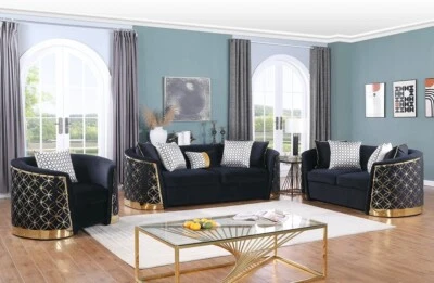 NUEVO SOFÁ 3 PIEZAS Negro Dorado Loveseat Silla Lujo Contemporáneo Glamour Terciopelo Sala de estar Foto 1 de 4