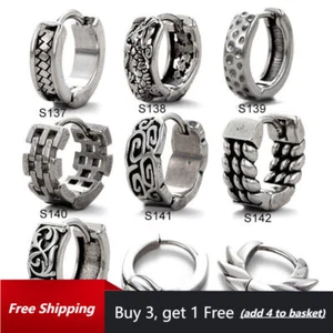 Mens Stainless Steel Gothic Hoop Earrings Punk Retro Hoop Huggie Earrings Gifts - Picture 1 of 23