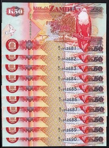 SZ28 ZAMBIA 50 KWACHA BANKNOTE 10 IN SEQUENCE 2001 UNCIRCULATED P.37 $27.50 - Picture 1 of 2