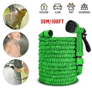 100FT Extra Long Expandable Flexible Garden Water Hose Pipe w/ Spray Nozzle Gun - Picture 1 of 15