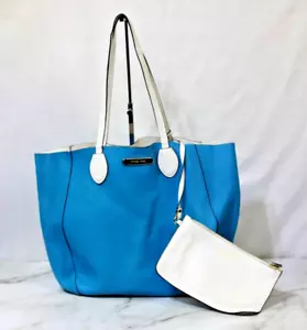 MICHAEL KORS 2pc Leather PEACOCK BLUE/WHITE Reversible Tote Handbag w/Zip Pouch - Picture 1 of 17