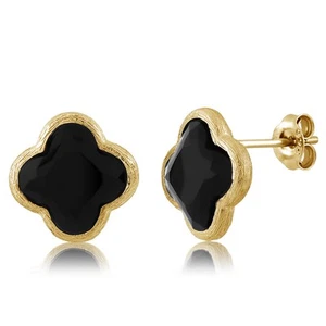 18K Yellow Gold Plated Silver Flower Shape Black Onyx Diamond Cut Stud Earrings - Picture 1 of 5