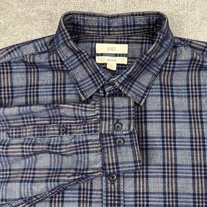 M&S Marks & Spencer Shirt Mens XL Blue Plaid Corduroy Cord Lightweight Button Up - Picture 1 of 10