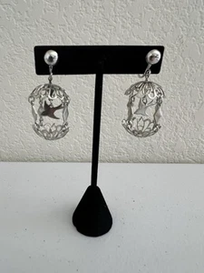 Vtg Screw On Bird Cage Earrings Silver Toned Filigree Victorian - Picture 1 of 2