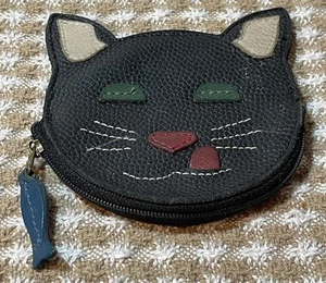 J.P. Ourse & Cie schwarze Katze Leder Geldbörse Fischform Reißverschluss Ziehen Vintage - Bild 1 von 12