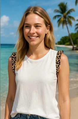 Camiseta sin mangas THML para mujer talla Lg blanca marrón sin mangas ribete de leopardo tropical vacaciones Foto 1 de 4